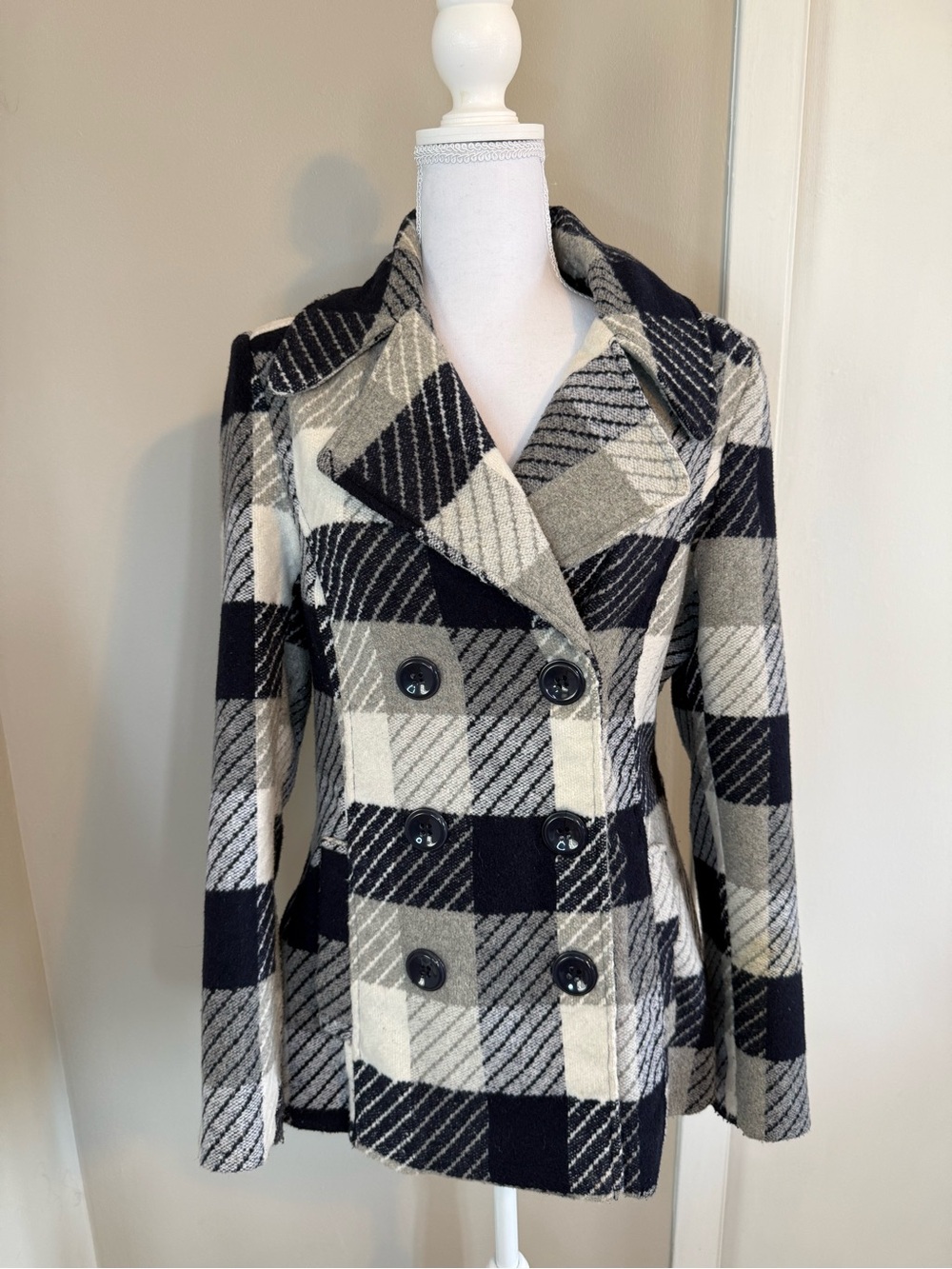Rampage Gray Black White Box Plaid Peacoat Jacket Women's Size Medium M